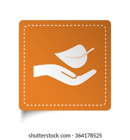 White flat Leaf In Hand icon on orange sticker