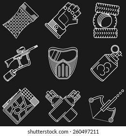 White flat line icons vector collection of paintball equipment and accessory on black background.