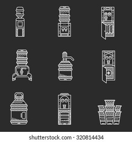 White flat line vector icons set for water coolers on black background. Purifiers, coolers, refrigerator elements, water delivery, disposable cups and other elements for business and web design.