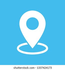 white flat map pointer icon on blue background