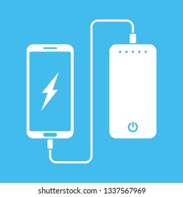 white flat minimal icon of phone charging from portable battery or powerbank on blue background