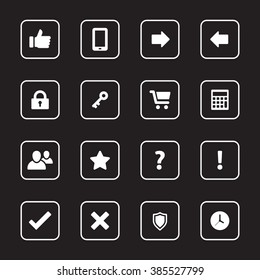 white flat miscellaneous icon set 2 with rounded rectangle frames for web design, user interface (UI), infographic and mobile application (apps)