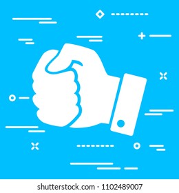 White flat modern icon hand compressed in a fist on blue background. concept of fighting for the rights
