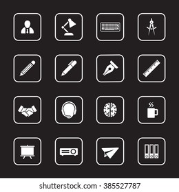 white flat office icon set 8 with rounded rectangle frames for web design, user interface (UI), infographic and mobile application (apps)