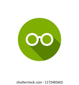 White flat round glasses with shadow in green circle icon. Isolated on white. Unisex student eyeglasses. Vector illustration. Simple bookworm pictogram. 