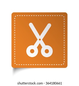 White flat Scissors icon on orange sticker