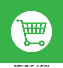white flat shopping cart icon on a green background - vector illustration
