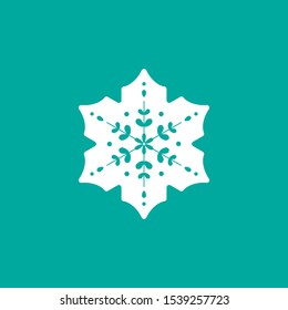 White flat snowflake icon isolated on blue. New Year pictogram. Vector illustration. Christmas clip art. Web button. Cold, freeze or frost label. winter sign. 