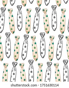White flat style and black outline style neckties with Easter eggs print seamless pattern. Decoration for card, wrapper and textile. White background, vector.