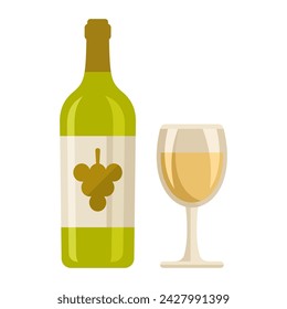 Ilustración vectorial de estilo plano blanco blanco. Botella de vino y vaso.