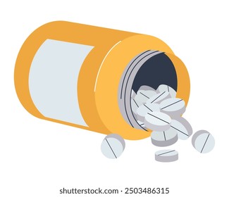 White flat tablets spilled out of the jar. A jar of medicine fell. Flat vector illustration. Eps10