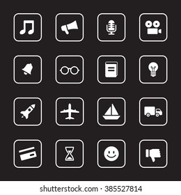 white flat transport and miscellaneous icon set with rounded rectangle frames for web design, user interface (UI), infographic and mobile application (apps)