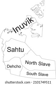 White flat vector administrative map of the regions of Canadian territory of NORTHWEST TERRITORIES, CANADA with black border lines and name tags of its regions
