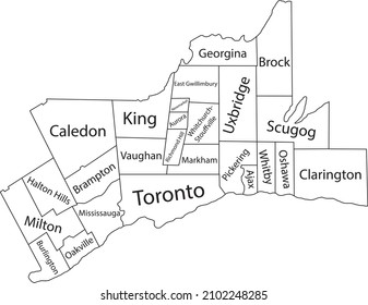 White flat vector administrative map of GREATER TORONTO AREA, ONTARIO, CANADA with black border lines and name tags of its municipalities