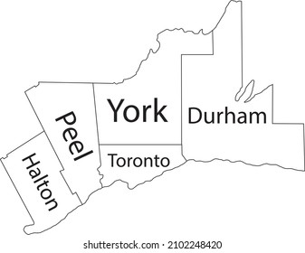 White flat vector administrative map of GREATER TORONTO AREA, ONTARIO, CANADA with black border lines and name tags of its regions