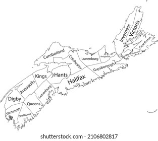 White flat vector administrative map of counties of Canadian province of NOVA SCOTIA, CANADA with black border lines and name tags of its counties