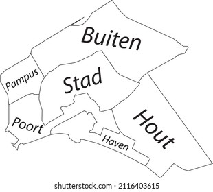 White flat vector administrative map of ALMERE, NETHERLANDS with name tags and black border lines of its districts