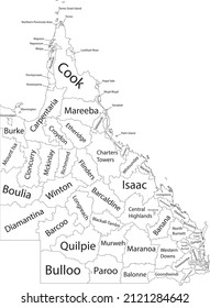 White flat vector administrative map of local government areas of the Australian state of QUEENSLAND, AUSTRALIA with black border lines and name tags of its areas