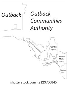 White flat vector administrative map of regions of the Australian state of SOUTH AUSTRALIA with black border lines and name tags of its regions