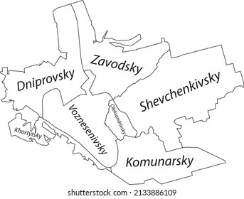 White flat vector administrative map of ZAPORIZHZHIA, UKRAINE with name tags and black border lines of its districts