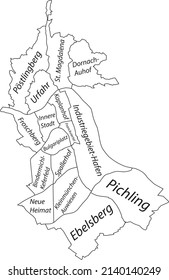 White flat vector administrative map of LINZ, AUSTRIA with name tags and black border lines of its districts