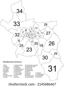 White flat vector administrative map of AACHEN, GERMANY with name tags and black border lines of its districts