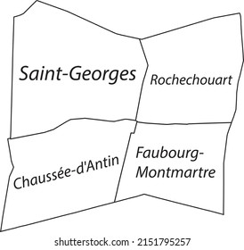 White flat vector administrative map of the 9TH ARONDISSEMENT (DE L'OPÉRA), PARIS, FRANCE with name tags and black border lines of its quarters