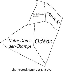 Mapa administrativo de vector plano blanco del 6º ARONDISSEMENT (DU LUXEMBOURG), PARIS, FRANCIA con etiquetas de nombre y líneas de borde negro de sus cuarteles