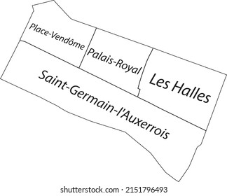 Mapa administrativo del vector plano blanco del 1er ARONDISSEMENT (DU LOUVRE), PARIS, FRANCIA con etiquetas de nombre y líneas de borde negro de sus cuarteles