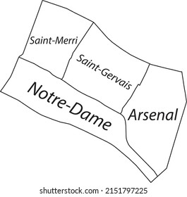 White flat vector administrative map of the 4TH ARONDISSEMENT (DE L'HÔTEL-DE-VILLE), PARIS, FRANCE with name tags and black border lines of its quarters