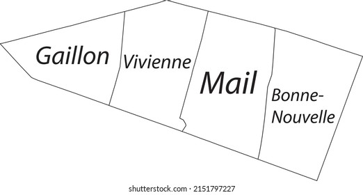 White flat vector administrative map of the 2ND ARONDISSEMENT (DE LA BOURSE), PARIS, FRANCE with name tags and black border lines of its quarters