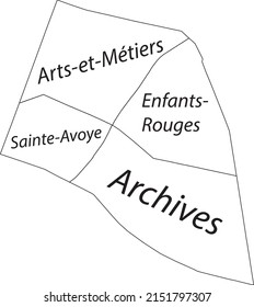 Mapa administrativo de vector plano blanco del 3er ARONDISSEMENT (DU TEMPLE), PARIS, FRANCIA con etiquetas de nombre y líneas de borde negro de sus cuarteles