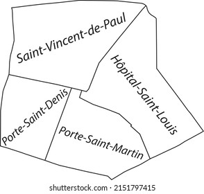 White flat vector administrative map of the 10TH ARONDISSEMENT (DE L'ENTREPÔT), PARIS, FRANCE with name tags and black border lines of its quarters