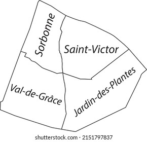 Mapa administrativo de vector plano blanco del 5º ARONDISSEMENT (DU PANTHÉON), PARIS, FRANCIA con etiquetas de nombre y líneas de borde negro de sus cuarteles