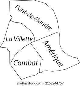 Weiße flache Vektoradministrative Karte des 19. ARONDISSEMENT (DES BUTTES-CHAUMONT), PARIS, FRANKREICH mit Namensmarken und schwarzen Grenzlinien seiner Quartale