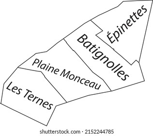 Weiße, flache Vektorgrafik der 17. ARONDISSEMENT (DES BATIGNOLLES-MONCEAU), PARIS, FRANKREICH mit Namensschildern und schwarzen Grenzlinien ihrer Quartiere