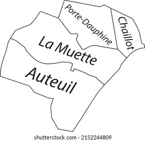 White flat vector administrative map of the 16TH ARONDISSEMENT (DE PASSY), PARIS, FRANCE with name tags and black border lines of its quarters