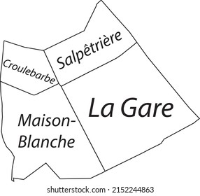 Weiße flache Vektorgrafik der 13. ARONDISSEMENT (DES GOBELINS), PARIS, FRANKREICH mit Namensschildern und schwarzen Grenzlinien ihrer Quartiere