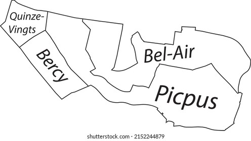 White flat vector administrative map of the 12TH ARONDISSEMENT (DE REUILLY), PARIS, FRANCE with name tags and black border lines of its quarters