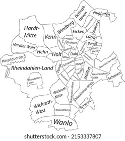 White flat vector administrative map of MÖNCHENGLADBACH, GERMANY with name tags and black border lines of its districts
