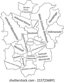 White flat vector administrative map of BRAUNSCHWEIG, GERMANY with name tags and black border lines of its districts