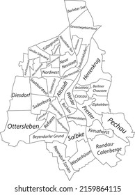 White flat vector administrative map of MAGDEBURG, GERMANY with name tags and black border lines of its districts