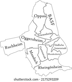 White flat vector administrative map of LUDWIGSHAFEN AM RHEIN, GERMANY with name tags and black border lines of its districts