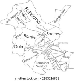 White flat vector administrative map of POTSDAM, GERMANY with name tags and black border lines of its districts