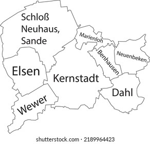 White flat vector administrative map of PADERBORN, GERMANY with name tags and black border lines of its districts