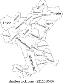 White flat vector administrative map of SALZGITTER, GERMANY with name tags and black border lines of its districts