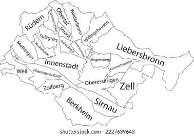 White flat vector administrative map of ESSLINGEN AM NECKAR, GERMANY with name tags and black border lines of its municipalities