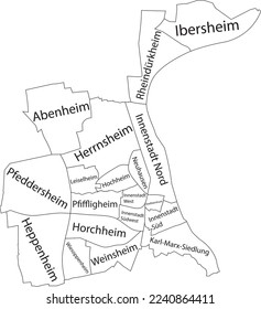 White flat vector administrative map of WORMS, GERMANY with name tags and black border lines of its quarters