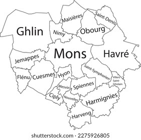White flat vector administrative map of MONS, BELGIUM with name tags and black border lines of its districts