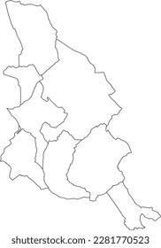 White flat vector administrative map of KORTRIJK, BELGIUM with black border lines of its municipalities
